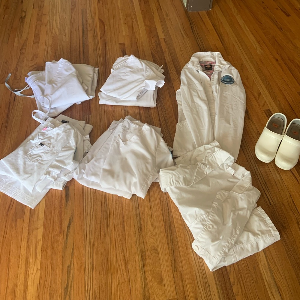White nursing school scrubs, small and extra small.